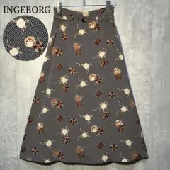 美品☆ インゲボルグ ドット&フラワー柄 ロングスカート 共布ベルト付 裏地付