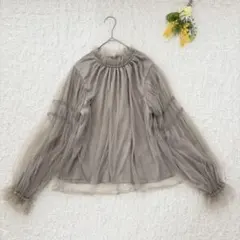 美品✨エレンカーレデュエ　チュールハイネックブラウス　F グレー　上品　ゆったりのサムネイル