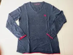 麻100% ネイビー Vネック 長袖セーター