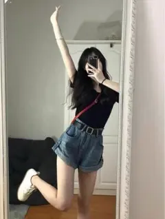 デニム ハイウエストショートパンツ ブルー 青 夏 ハーフパンツ 半ズボン