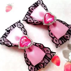 リボン ヘアクリップ 左右2個セット 量産型 地雷系 ローズピンク ハート