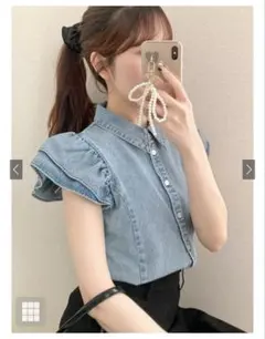 GRL グレイル フリルスリーブデニムブラウス ノースリーブ