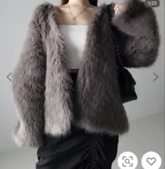 me+em select ノーカラーボリュームフェイクファーコート グレー