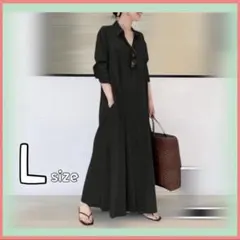 L黒 シャツワンピ 長袖 ブラック おしゃれ オールシーズン マタニティ 授乳