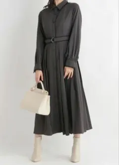 【Andemiu】 シャツ ワンピース 長袖 ベルト ロング チャコール