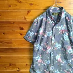アロハシャツ　柄シャツ　半袖シャツ　ハイビスカス柄　ボタニカル柄　花柄　紺　M