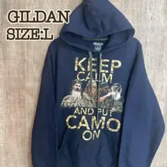 GILDAN ギルダン プルオーバーパーカー ネイビー L メッセージロゴ