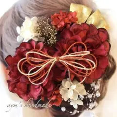 レッド赤＆ホワイトゴールド〜和装花髪飾り〜結婚式　成人式　卒業式　振袖　着物　袴