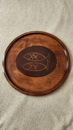 木製 盆 魚の絵柄 漆器 丸盆