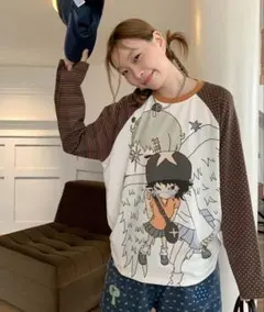 y2k 平成ギャル　オレンジ色アニメキャラクター長袖Tシャツ　カットソー