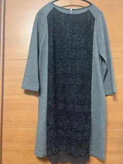 グレー ブラック レース ワンピース 七分袖