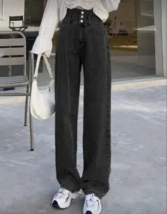 無地柄ハイウエストワイドレッグジーンズ