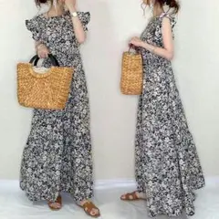 OC687 キレイめ 膝丈ワンピース 夏  シフォンワンピ 花柄