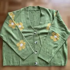 SHEIN花柄刺繍 Vネック ニットカーディガン ミントグリーン　オーバーサイズ