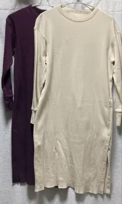 コットンワッフル　サイドスリット　ロングワンピース2色セット