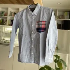 青系 チェック柄ポケット 長袖シャツ　トミー