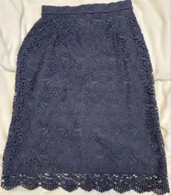 ネイビー 花柄レース ひざ丈スカート