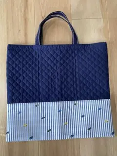 ファミリア風レッスンバッグ 大きめ　ネイビー ストライプ 通学習い事など♪