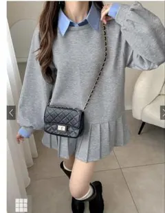 GRL 襟付きシャツレイヤード風プリーツワンピース　グレー