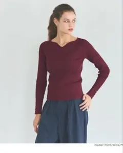 袖金釦ハートネックニット　coca リブニットセーター　バーガンディ