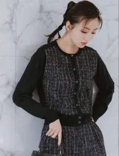 セルフォード　ツイードドッキングニットカーディガン　ブラック　36