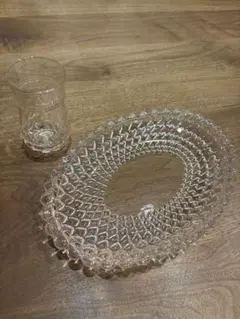 ヴィンテージ　食器　ハート柄　ガラス プレート＆グラスセット　ピンク