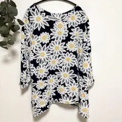 美品✨花柄 クルーネック ドロップショルダー 幾何学 濃紺 春夏 お出かけ