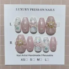 ネイルチップ 現品 フレンチガーリー 韓国 量産型 リボン ぷっくり 春ネイル