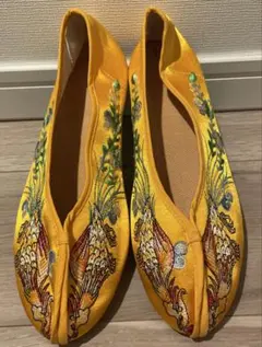チャイナシューズ　刺繍　イエロー　台湾　鳳凰　フラットシューズ
