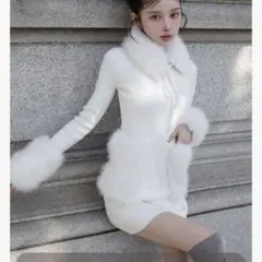 【新品タグ付き】ボリュームファーニットミニワンピース free-L