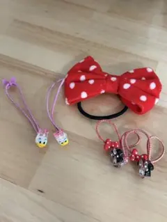 ミニーマウス 赤い水玉リボンヘアゴム　デイジー　ミニーちゃん5点セット
