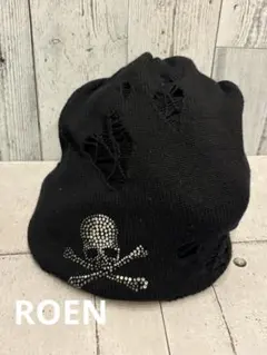 黒 スカルデザイン ニット帽　Roen Roen / チェーンスカルデストロイニットキャップ F ブラックxレッド O