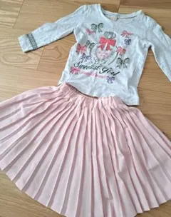 リボンプリント長袖Tシャツ＆プリーツスカート(プティマイン)セット
