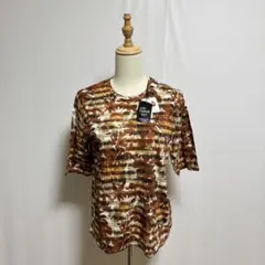 新品　日本製Ladies Fashion五分袖　総柄カットソー（M〜L）ブラウン