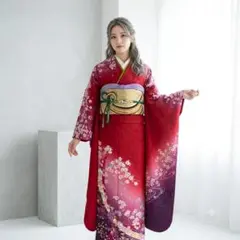 振袖フルセット 赤 ピンク 桜 成人式 草履バック付 裄70cm S-213のサムネイル
