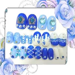 現品 No.125 量産型ネイル 青×水色 地雷 ブルー 推し活 王冠 夏