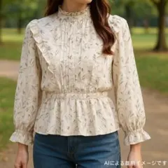 レディース ブラウス トップス 長袖 花柄 ウェストゴム グレー M