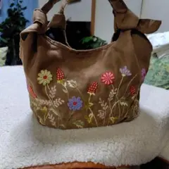 花柄ハンドメイド刺繍トートバッグ ブラウン