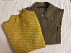【2点セット】GU ラメハイネックリブセーター ZARAパールカーキ長袖シャツ