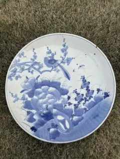 染付 大皿 43cm 梅に鳥 古い和食器 美濃焼 瀬戸焼 アンティーク 飾り皿
