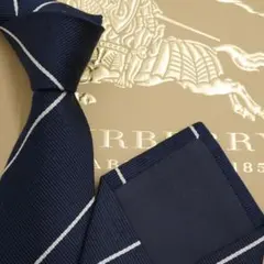 極美品　Burberry ネクタイ　高級シルク　ストライプ　ホースロゴ　ネイビー