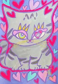 【ハートいっぱいシリーズ】A5 額無し☆　絵画　イラスト　猫絵　猫　アート 保護猫さん おめかし】A5 絵画 イラスト 猫の絵 猫 猫絵 アート 白猫