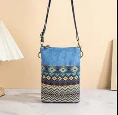 エスニック柄 スマホショルダーバッグ 縦型 ブルー 斜めがけ サコッシュ