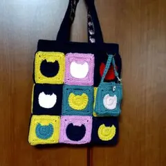 手提げバッグ　ペタンコバッグ　コットン　猫