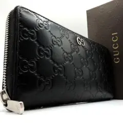 GUCCI 長財布 ラウンドファスナー GG シマレザー ドリアン ブラック