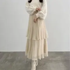 CENEA ラメチュールプリーツティアードスカート