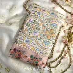 スマホショルダー スマホポシェット サコッシュ インド刺繍リボン パステルピンク