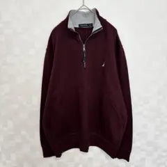 【美品】ノーティカ　ハーフジップトレーナー　長袖　刺繍　無地　バーガンディ　L