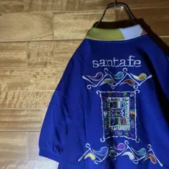 サンタフェ　ポロシャツ　青　クレイジーパターン　刺繍ロゴ　レトロ　切替　L程
