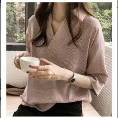 ① ストライプ スキッパーシャツ 五分袖 ピンク XL